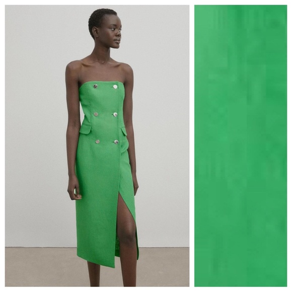 NWT. Massimo Dutti Studio Green 100% Linen Strapless Midi Dress. Size S. - Picture 1 of 12